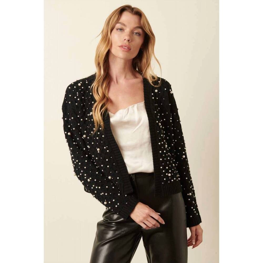 NEW MITTOSHOP pearl trim open front cardigan in black